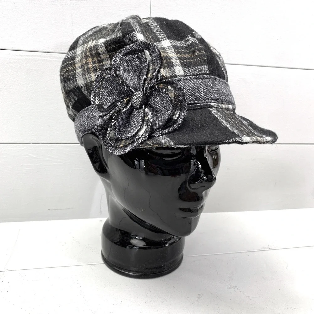 Y2K Trixie Plaid Newsboy Hat Womens Flower Accent Black Tan Wool Blend Mall Brat